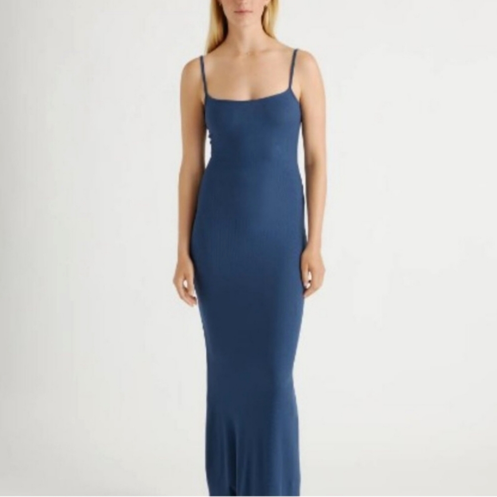 Quince Cotton Rib Knit Dress, Navy Teal, like Skims Soft Lounge Long Slip Dress